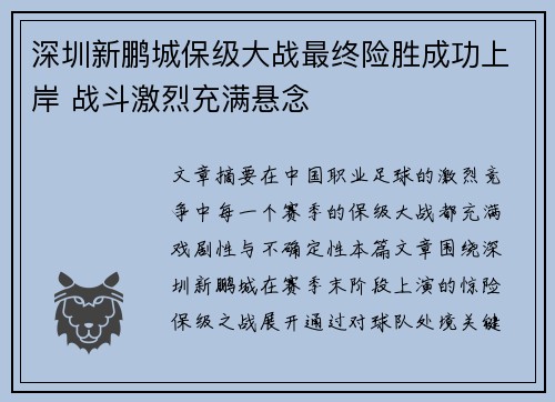深圳新鹏城保级大战最终险胜成功上岸 战斗激烈充满悬念